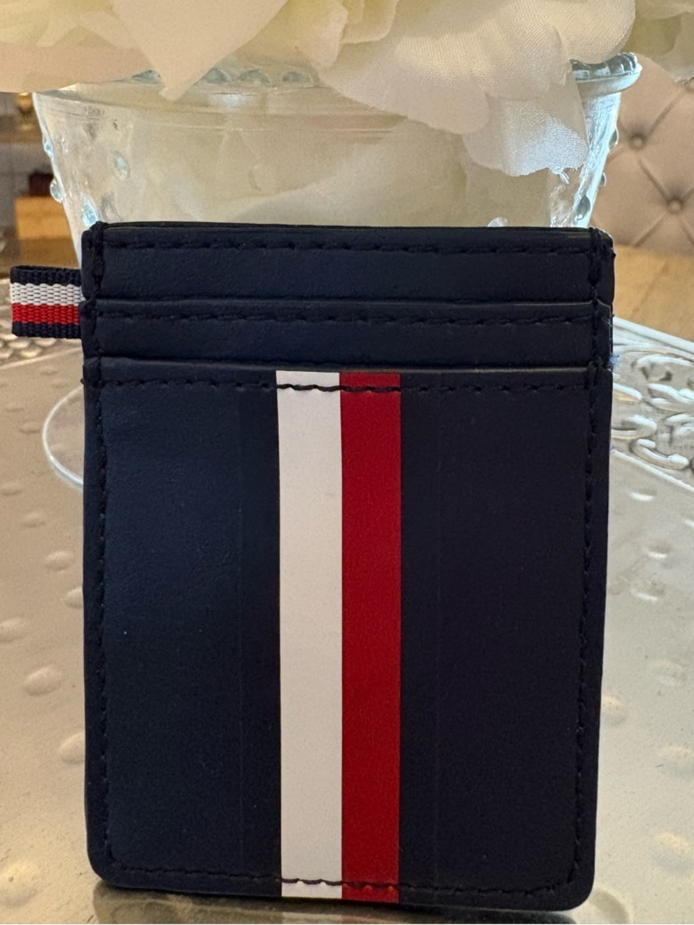 New Men’s Leather Navy Card Holder with Red and White Center Stripes